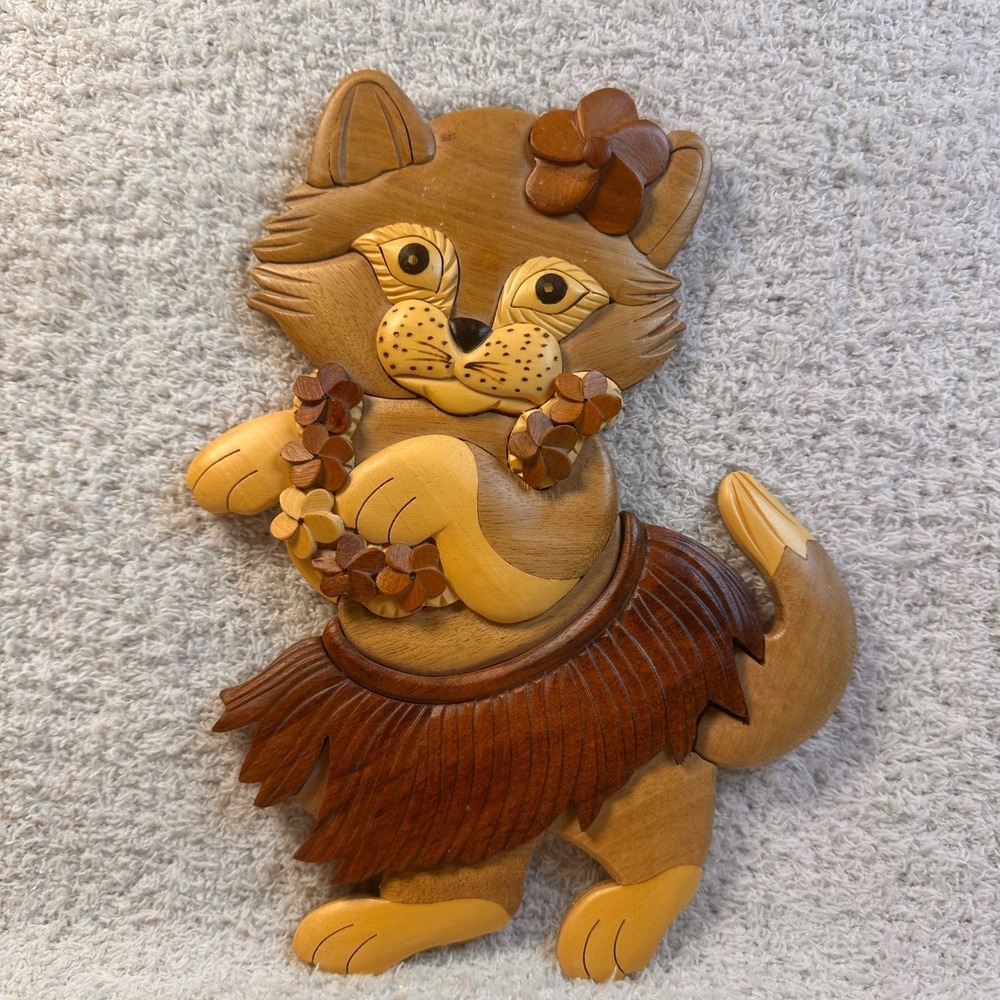 Vintage Intarsia Wood Hula Cat Wall Art Hand Carved Hawaiian Tiki Decor READ